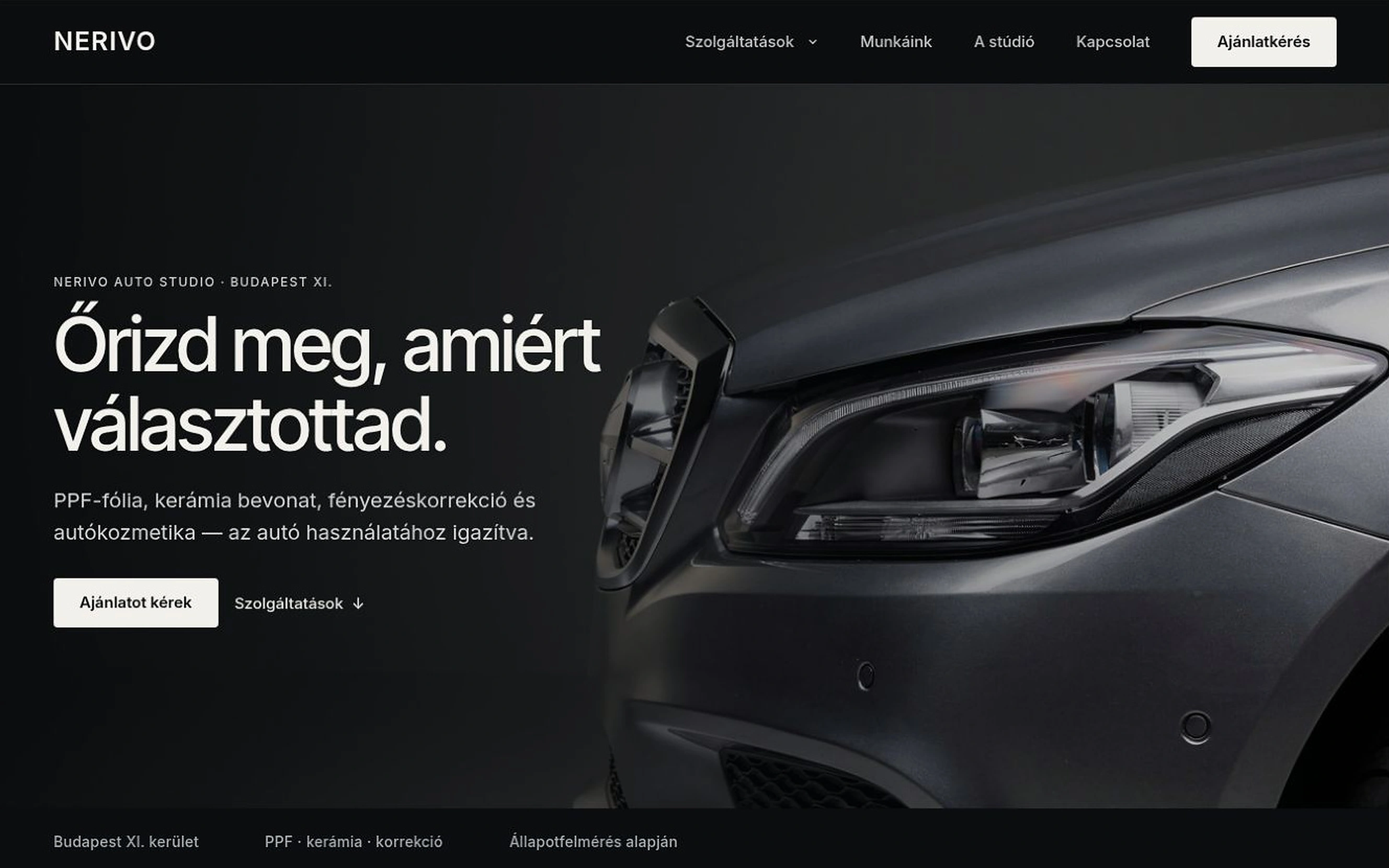 A NERIVO Auto Studio bemutató weboldalának képernyőképe
